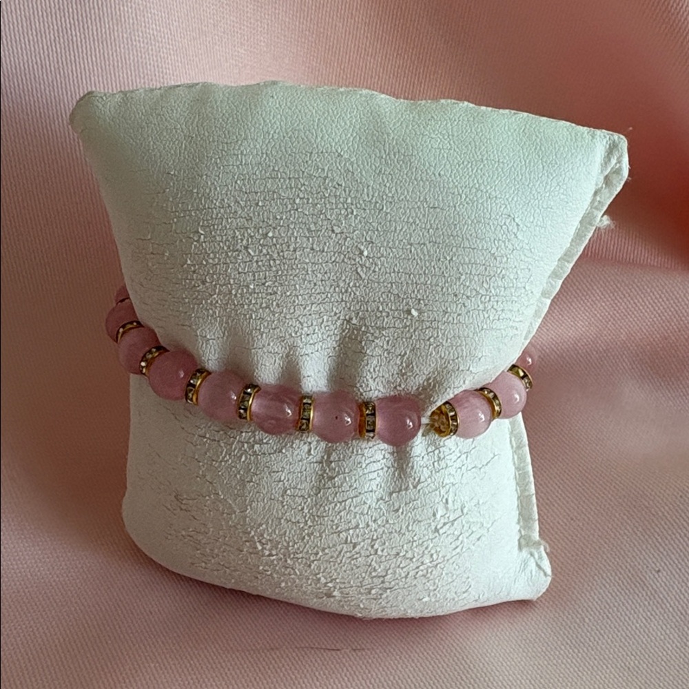 🟢 Pink Cat Eye Bead With Rhinestone Spacers Bracelet